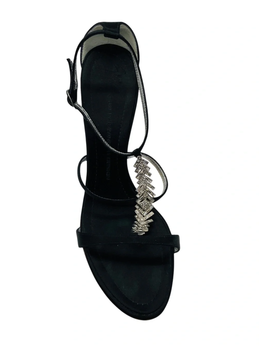 GIUSEPPE ZANOTTI BLACK CRYSTAL EMBELLISHED STRAPPY SATIN SANDALS